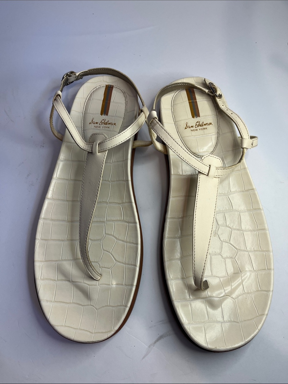 Sam Edelman Cream Croc-Embossed T-Strap Sandals